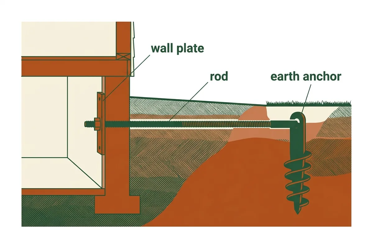 Diagram of a wall plate anchor system: interior plate, threaded rod, buried earth anchor