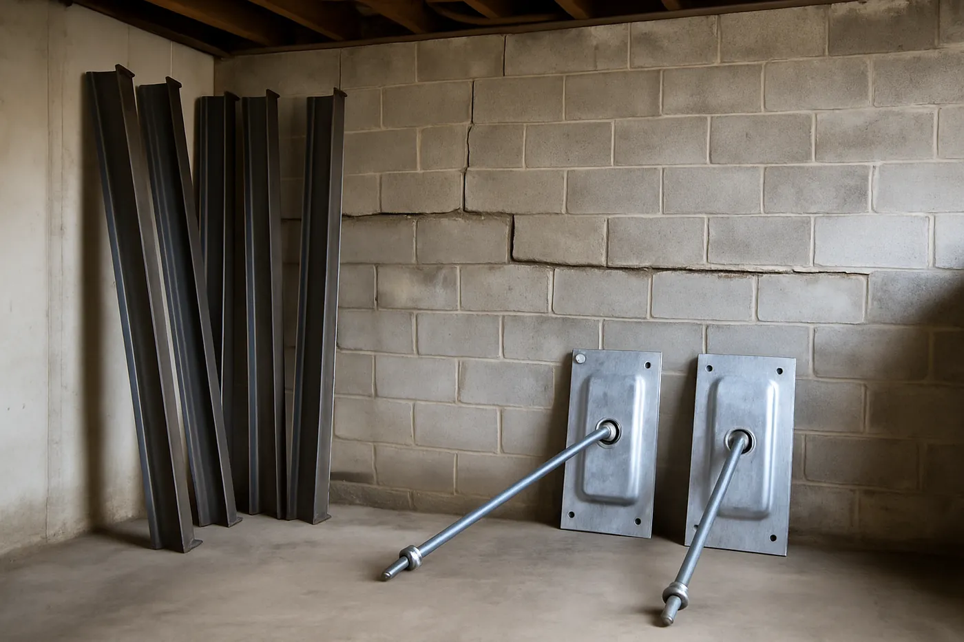 Steel I-beam braces and plate-anchor hardware staged beside a bowed block wall in Kansas City