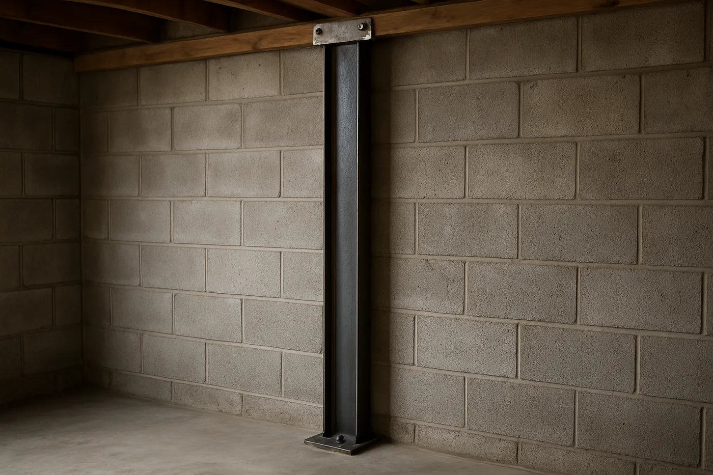 Steel I-beam brace installed from footing to joists against a Kansas City basement wall